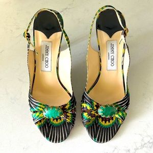Jimmy Choo Satin Green Multi Colored Printed Open Toe Pumps with Green Stone.
